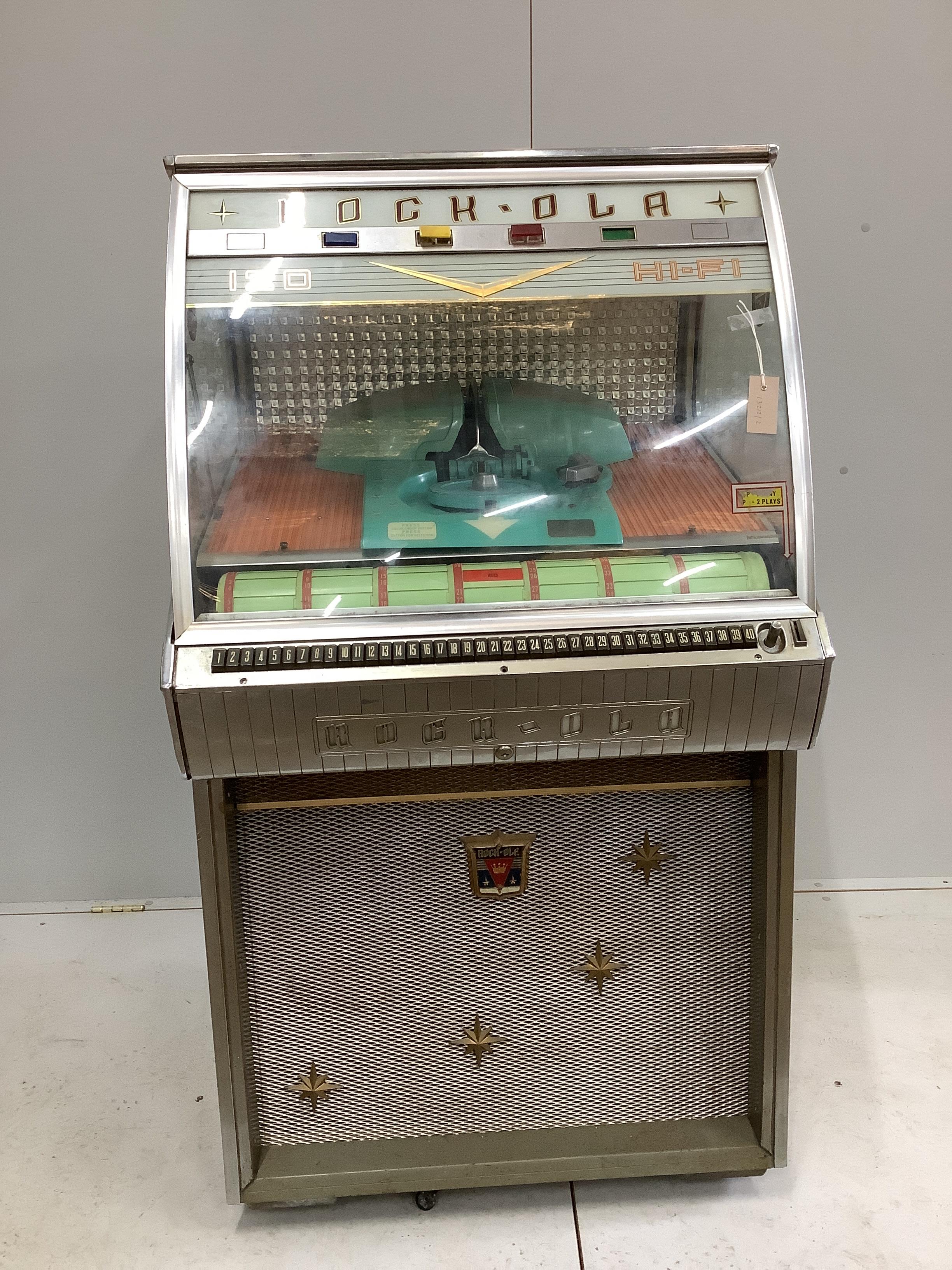 A mid century Rock. Ola 120 hi-fi juke box, amp rebuilt and refurbished, width 77cm, depth 69cm, height 141cm